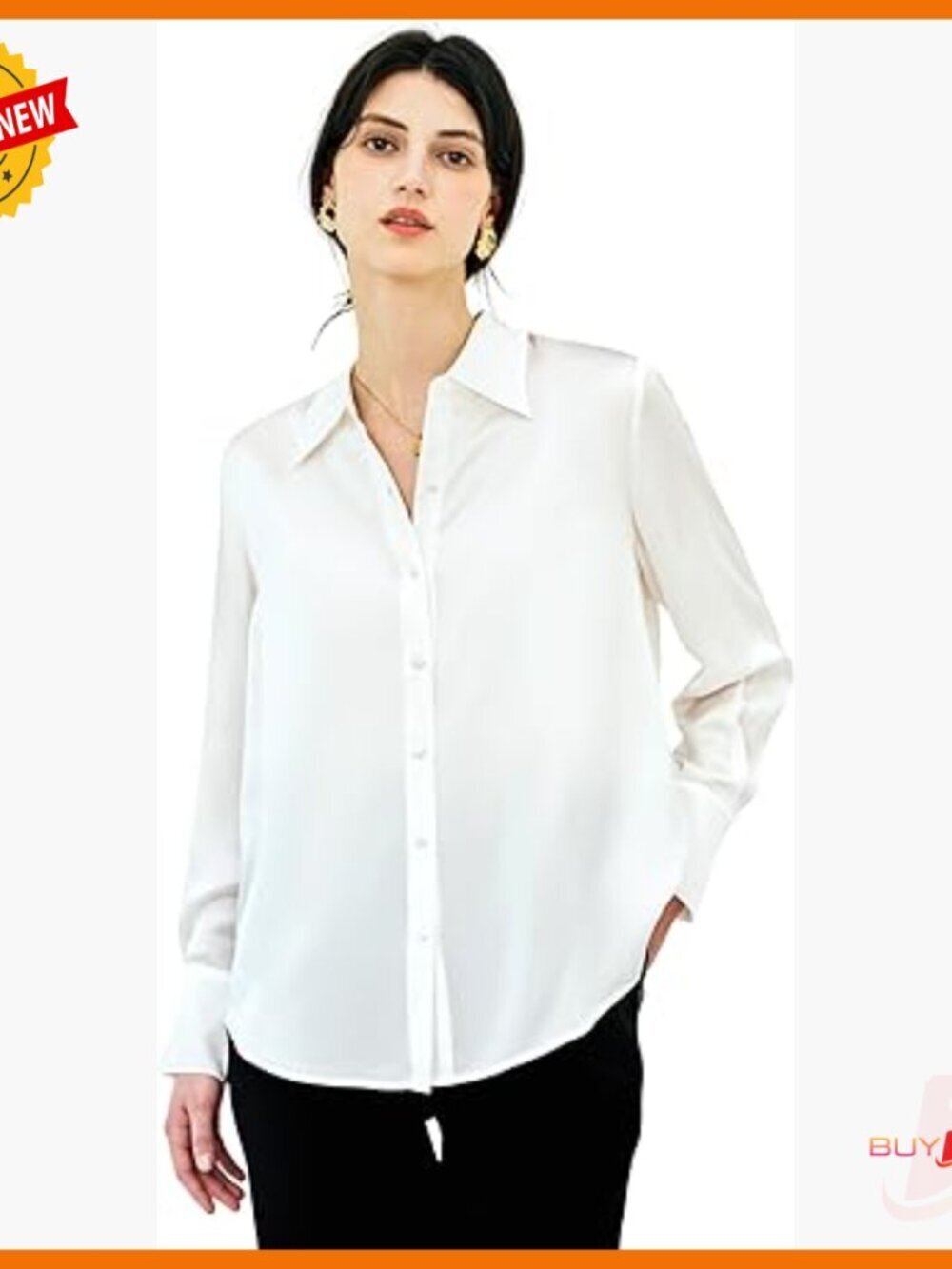 Long Sleeve Pure Silk Button Down Blouse Regular Fit V-Neck